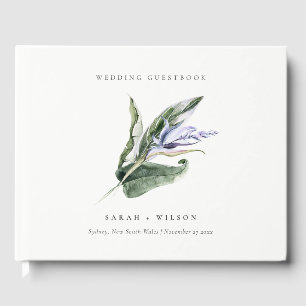 Livro De Visitas Casamento Floral Mínimo Elegante de Folha Azul Tro