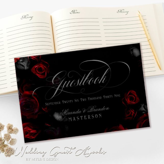 Livro De Visitas Casamento Floral Negro e Vermelho Personalizado El (Criador carregado)