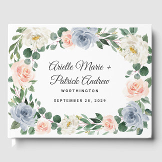 Livro De Visitas Casamento Floral Rosa Pêssego, Cinza Azul Dusty