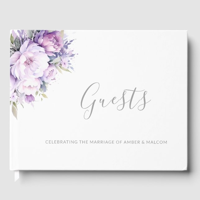Livro De Visitas Casamento Floral Roxo-Lavanda Encantado (Frente)