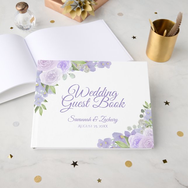 Livro De Visitas Casamento Floral Roxo Lavanda Rústico Boho Chic (Frente aberta)