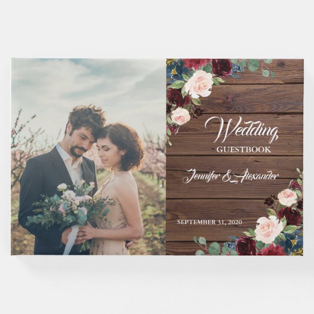 Livro De Visitas Casamento Floral Rustic Marsala Wood (Frente)