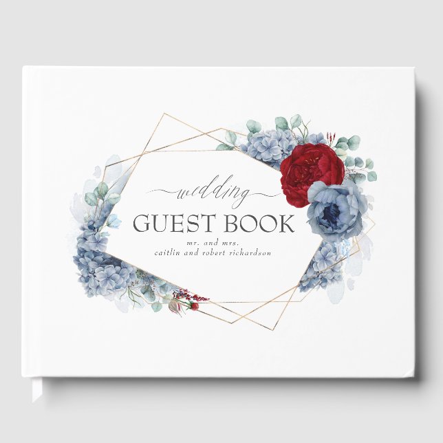 Livro De Visitas Casamento Floral Vermelho e Azul Dusty (Frente)