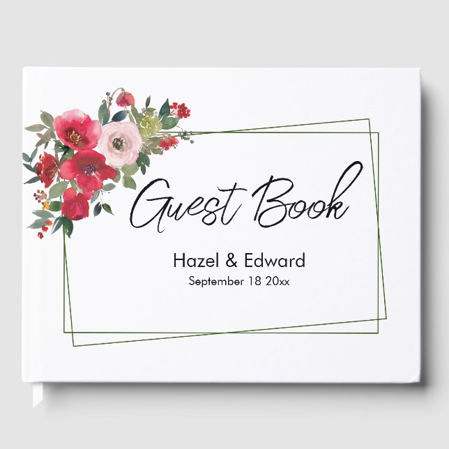 Livro De Visitas Casamento Floral Vermelho Rosa Vermelha Elegante (Frente)