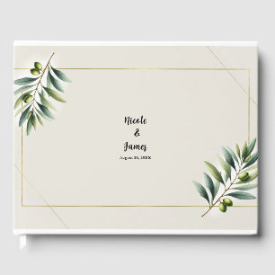 Livro De Visitas Casamento Folha de Oliva Verde Branco e Dourado