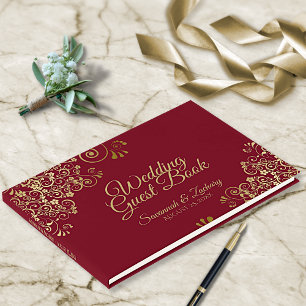 Livro De Visitas Casamento Frágil e Elegante Dourado Lace Maroon B
