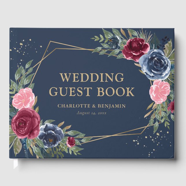 Livro De Visitas Casamento Geométrico Dourado da Borgonha Azul-Mari (Frente)
