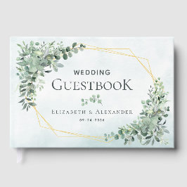 Livro De Visitas Casamento Geométrico Dourado de Greenery Elegante 