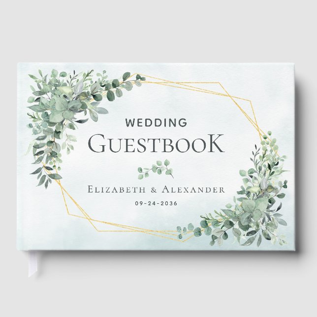 Livro De Visitas Casamento Geométrico Dourado de Greenery Elegante  (Frente)