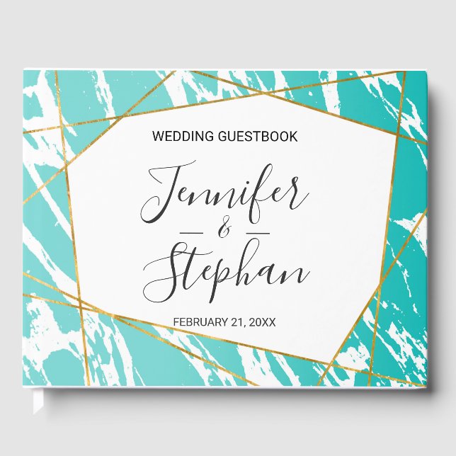 Livro De Visitas Casamento Geométrico Dourado de Marble Seafoam Tea (Frente)