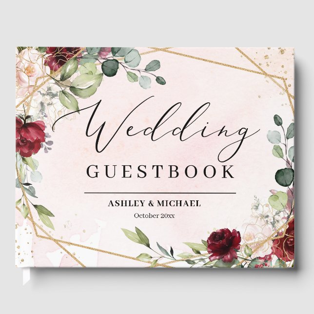 Livro De Visitas Casamento geométrico dourado floral Boho burgundy (Frente)