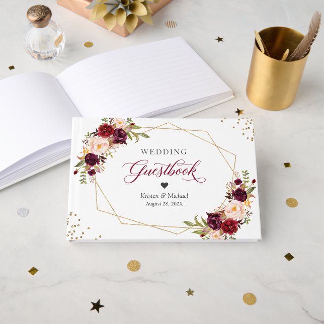 Livro De Visitas Casamento Geométrico Dourado Floral Vermelho Burgu (Frente aberta)