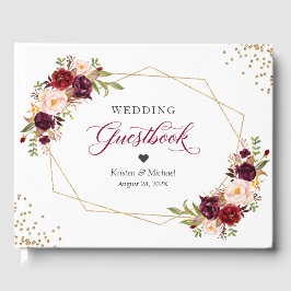 Livro De Visitas Casamento Geométrico Dourado Floral Vermelho Burgu