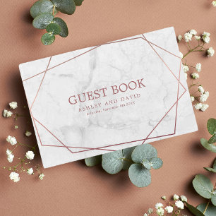 Livro De Visitas Casamento Geométrico Simples Dourado Rosa Mármore