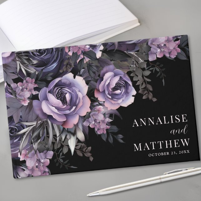 Livro De Visitas Casamento Gótico Preto Floral (Black Floral Gothic Wedding Guest Book)