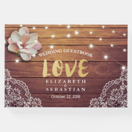 Livro De Visitas Casamento Guestbook Corda Floral Luz Lança Madeira