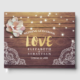 Livro De Visitas Casamento Guestbook Corda Floral Luz Lança Madeira