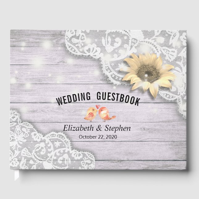 Livro De Visitas Casamento Guestbook Lace Sunflower Wood String Lig (Frente)