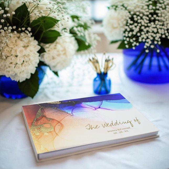Livro De Visitas Casamento Laranja Azul Vibrante (Vibrant Blue Orange Wedding Guest Book.)