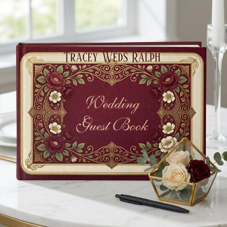 Livro De Visitas Casamento Luxuoso de Rosas Borgonha Art Nouveau