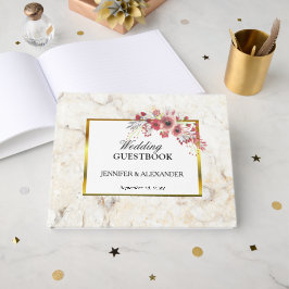 Livro De Visitas Casamento mármore branco rosa vermelho floral