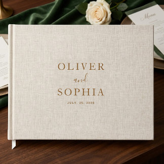 Livro De Visitas Casamento Minimalista Bege Linho Dourado