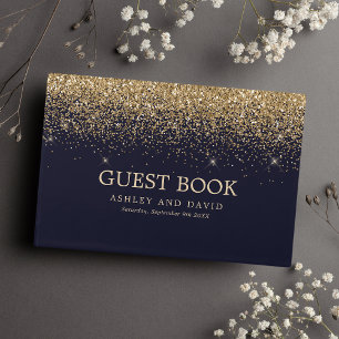 Livro De Visitas Casamento Moderno Azul Naval Confete Dourado