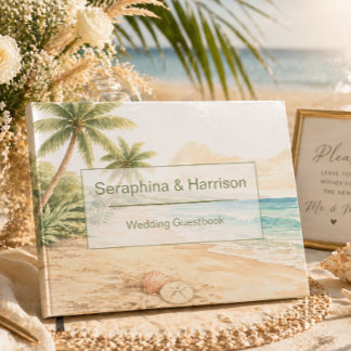 Livro De Visitas Casamento Moderno em Destino de Praia com Aquarela