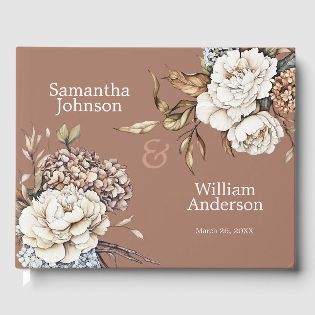 Livro De Visitas Casamento Moderno Peony & Hydrangea Mocha Mousse (Frente)