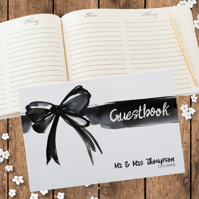 Livro De Visitas Casamento Moderno Preto e Branco com Grande Arco d (Big Watercolor Bow Black White Modern Wedding Guest Book for memories and ceremony elegant trendy)