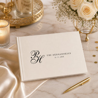 Livro De Visitas Casamento Monograma Elegante em Creme Bege Script