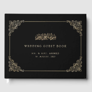Livro De Visitas Casamento Muçulmano de Escrita Dourada Negra Elega