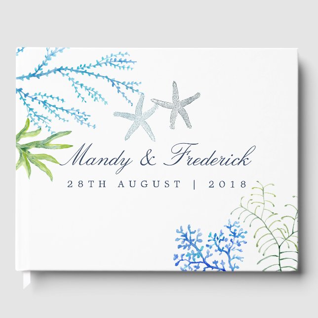 Livro De Visitas Casamento na Praia com Algas Marinhas em Aquarela (Frente)