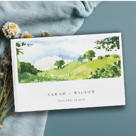 Livro De Visitas Casamento no Campo com Colinas em Aquarela Verde R