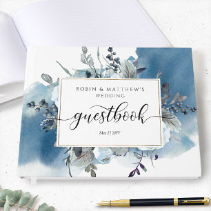 Livro De Visitas Casamento ou Outro, Blue Watercolor e Floral