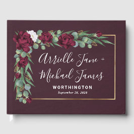 Livro De Visitas Casamento outono de Borgonha Floral Dourada