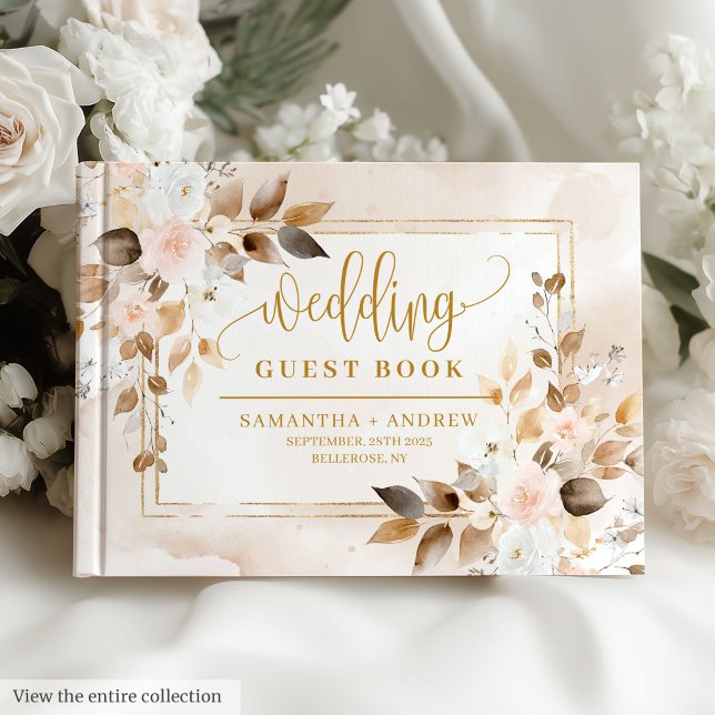 Livro De Visitas Casamento outono Dourado de marfim esfarelado de p (Soft Pastel Blush Ivory Gold Boho Fall Wedding Guest Book)