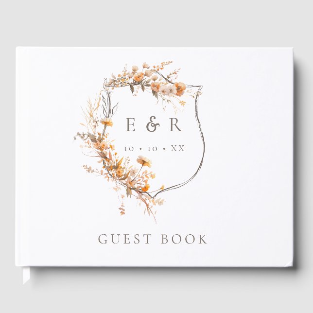 Livro De Visitas Casamento outono Floral Crest Monograma (Frente)