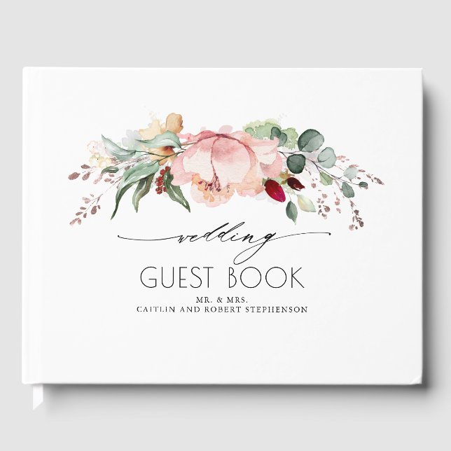 Livro De Visitas Casamento Peach Pink e Burgundy Blooms (Frente)