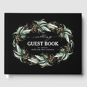 Livro De Visitas Casamento Preto Dourado Folha Verde