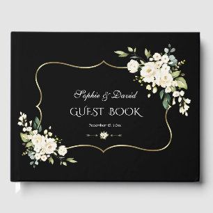 Livro De Visitas Casamento Preto Verde Dourado das Flores Brancas d