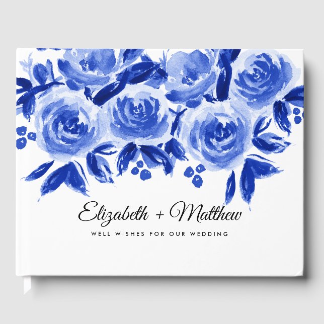 Livro De Visitas Casamento Real Blue Floral Watercolor (Frente)
