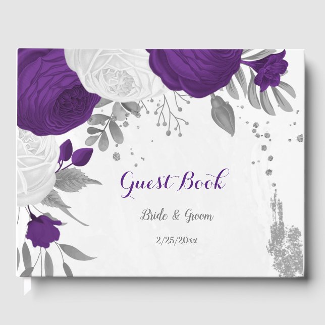Livro De Visitas casamento real roxo e flores brancas de prata (Frente)