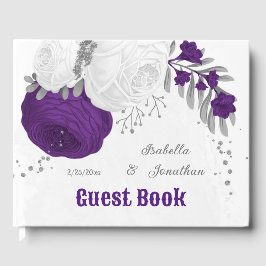 Livro De Visitas casamento real roxo e flores brancas de prata