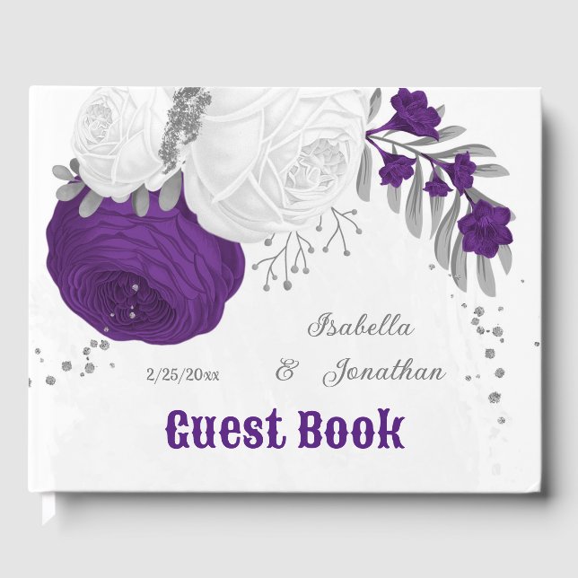 Livro De Visitas casamento real roxo e flores brancas de prata (Frente)