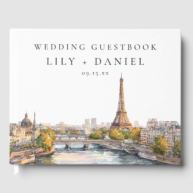 Livro De Visitas Casamento Romântico com Aquarela Paris França (Frente)