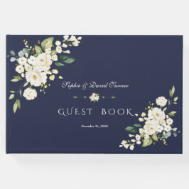Livro De Visitas Casamento Romântico de Flores Brancas com Marinho