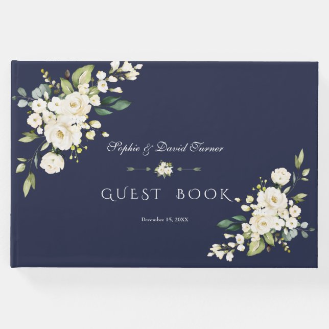 Livro De Visitas Casamento Romântico de Flores Brancas com Marinho (Frente)