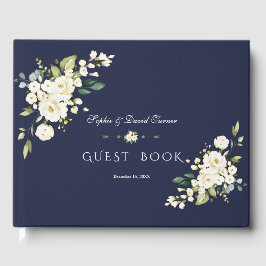 Livro De Visitas Casamento Romântico de Flores Brancas com Marinho