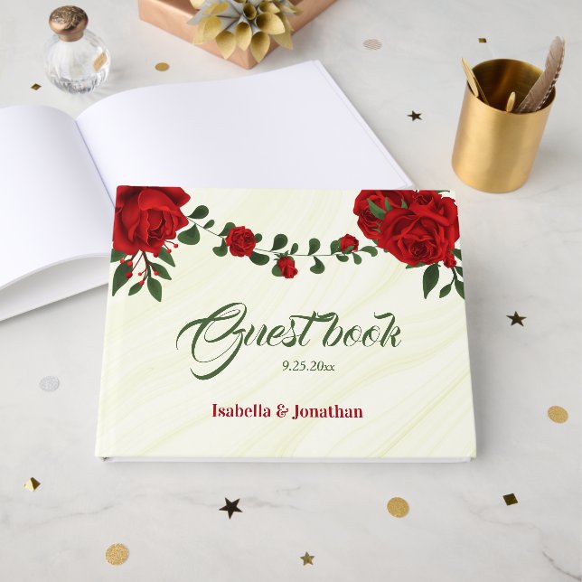 Livro De Visitas Casamento romântico de flores vermelhas (Frente aberta)
